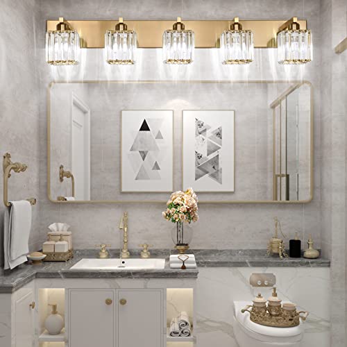 Image of Aipsun Bathroom Vanity Lights Fixtures Crystal Vanity Light 5 Light Modern Brass Bathroom Lighting Fixtures (Exclude Bulb)