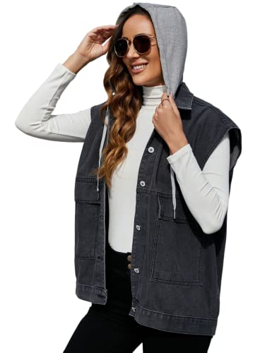 Image of PAODIKUAI Women's Oversized Denim Vest - Sleeveless Distressed Jean Vest with Pockets for Casual Layering