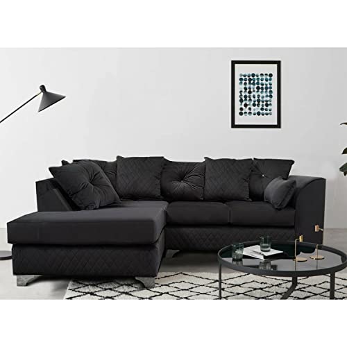 Furnishings For Less UK New Victoria Plush Velvet Black Fabric 3 to 4 Seater Corner Sofa With Chrome Feet LH (Black, Left Hand Facing)