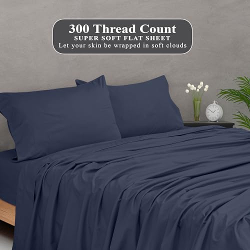 Image of Royale Linens 300 Thread Count 100% Long Staple Combed Cotton Flat Sheet - Super Soft - Top Sheets - Twin Flat Sheet Sold Separately - Breathable, Cool & Crisp Percale Sheets Only (Twin, Navy)