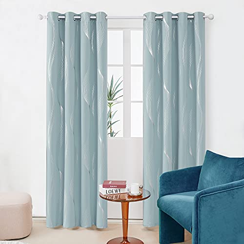 Deconovo Foil Print Wave Blackout Curtains, Grommet Top Window Drapes For Kids Room, 2 Curtain Panels, 52 By 63 Inch, Sky Blue #TOP1