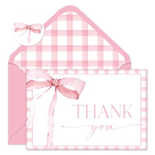 JarThenaAMCS 36 Pcs Pink Bow Thank You Cards with Envelopes and Stickers Watercolor Bow Greeting Cards Checkered Background Blank Note Card for Valentine's Day Birthday Wedding