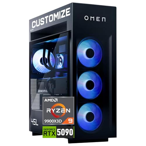 Image of PCONLINE HP OMEN MAX 45L Customized Gaming Tower Desktop, AMD Ryzen 9 9900X3D, GeForce RTX 5090, 32GB-128GB DDR5, 1TB-4TB PCIe M.2 SSD, RGB Light Studio, DP, HDMI, Wi-Fi 7, Windows 11 Home, Black