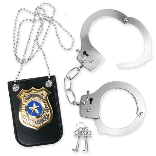 Kangaroo Police Toy Handcuffs & Metal Badge for Kids – Pretend Play Police Accessory Kit Gift for Boys & Girls - Metal Fake Hand Cuffs with Safety Release - Dress up, Parties, Christmas, Role Play