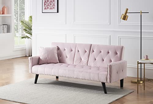 Fulife 4 Modern Futon Sofa Loveseat Convertible Sleeper Couch Bed Daybed, Folding Recliner With 2 Cup Holders, Removable Soft Pillow-Top Armrest For Living Room Apartment Small Place, Pink #TOP1