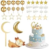 Knana 33Pcs Moon Star Cake Toppers Deer Cake Topper with Moon Star Cloud for Baby Shower Birthday Party Supplies