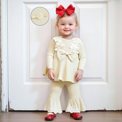 Toddler Baby Girls Fall Winter Outfit Lace Embroidery Clothes Toddler Kids Long Sleeve Tops Bell-bottom Pants Set4