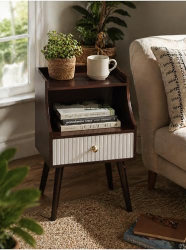Image of ETIQUETTE ART Modern Fluted Nightstand with Drawer and Open Storage Shelf, Bedside Table with Round Edge, Boho Night Stand with Solid Wood Legs & Knob Handle End Table for Bedroom (Brown & White)