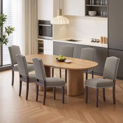 Image of Upholstered Dining Chairs Set of 6 with Thickened Seat Cushion, Wooden Mid-Century Modern Fabric Farmhouse Kitchen Chairs for Dining Room Living /Restaurant /Reading Room