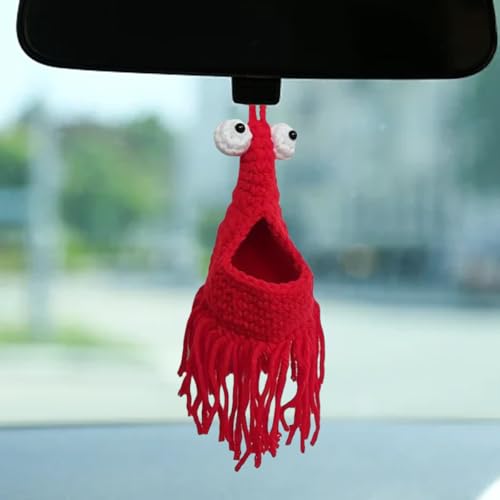 Yip Yip Crochet Car Hanger - Cute Alien Plant Hanger Rear View Mirror Charm Pendant - Knitted Mirror Hanging Accessories - Interior Decor Ornament for Women Girls (Red)