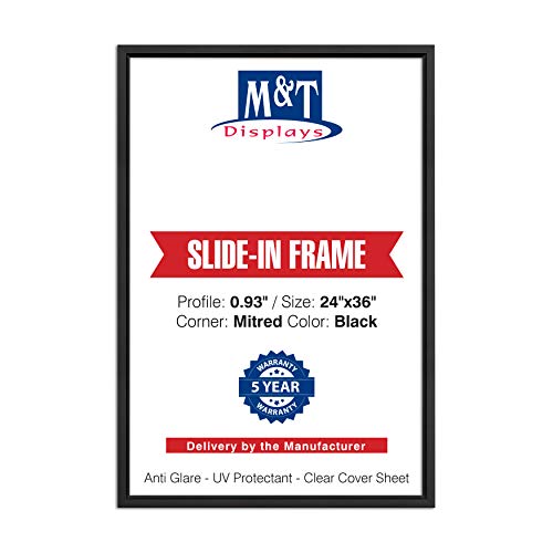 M&T Displays Black Slide In Frame with Mitred Corner 24x36 Poster Frame 0.93 inches Aluminum Profile Front Loading Wall Mounting Display for Picture, Document or Certificate