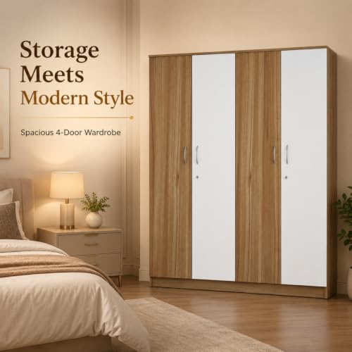Image of Nexus Multipurpose 4-Door Wardrobe | Engineered Wood | Spacious Closet Storage | Lyon Teak & White Finish | Sturdy & Durable | Easy Knock-Down Assembly