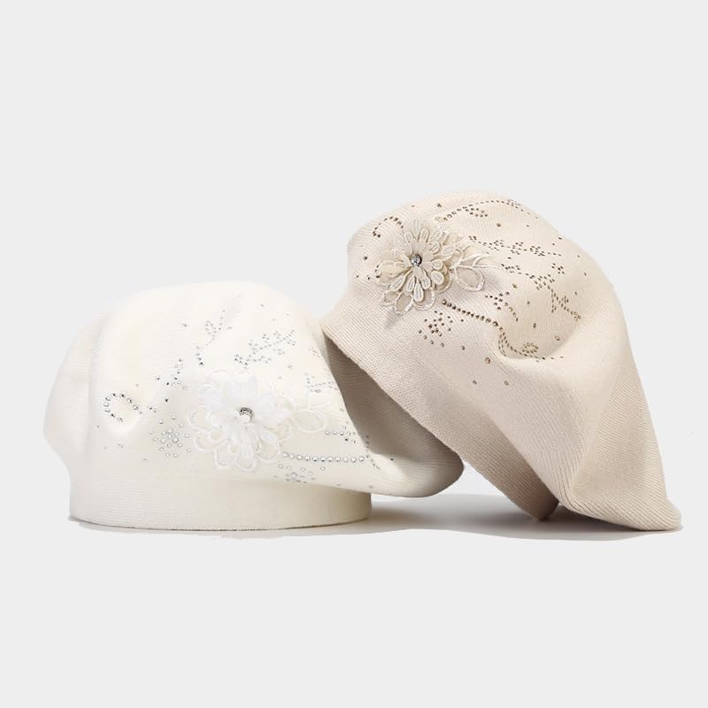 Retro Rhinestone Flower Knitted Beret Hat for Artistic Style and Fashion Statement