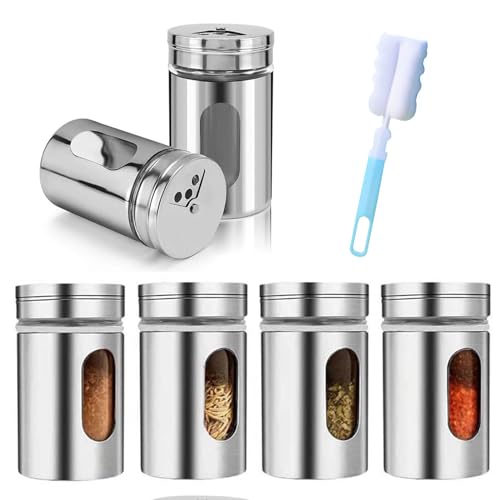 CLKE Gewürzdosen Set, 6 Stück Gewürzstreuer, Gewürzstreuer Edelstahl-Spice Jars/Salzstreuer, inkl. 1 Schwammbürste, Gewürz Organizer Perfekte Aufbewahrung für Gewürze