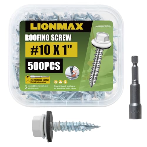 LIONMAX 500-PCS Metal Roofing Screws #10 x 1 Inch, White Painted Hex Head Sheet Metal Roof Screws, Rubber Washer, Sharp Point, Metal to Wood Siding Screws, Hex Socket Included