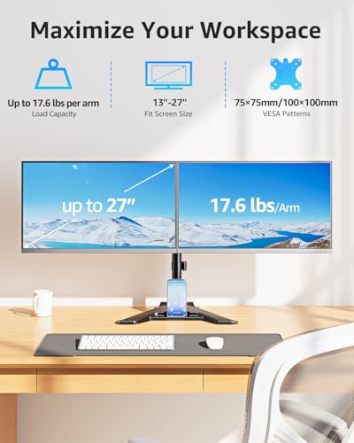 Image of MOUNTUP Dual Monitor Stand - Freestanding & Height Adjustable Monitor Desk Mount, Steady VESA Mount Holds Max 17.6 lbs, Computer Monitor Stand for 2 Screens up to 27 inches, for Home Office
