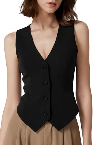 QINSEN Womens V Neck Vest Top Sleeveless Button Down Fully Lined Solid Going Out Crop Tops