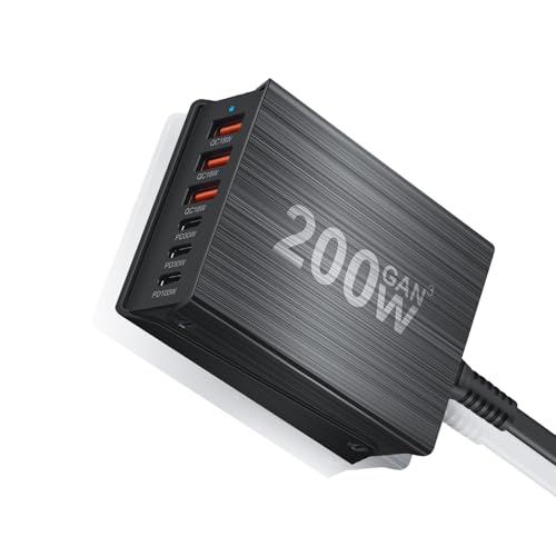 SITONG 200W GaN III 6 Ports USB C Fast Charging Station Hub Block Portable Wall PD Charger Power Adapter with 3 USB-C + 3 USB-A, 100W Port for MacBook Pro/Air, iPhone 15 14 13 12 11, Galaxy S24 S23