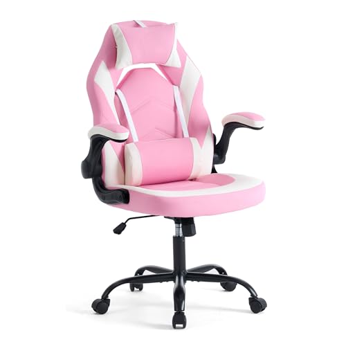 Image of Sweetcrispy Ergonomic Gaming Desk Chair - Computer Video with Comfy Lumbar Support and headrest, PU Leather with Flip-up Arms, Adjustable Height and Swivel Wheels, Home and Office, Pink