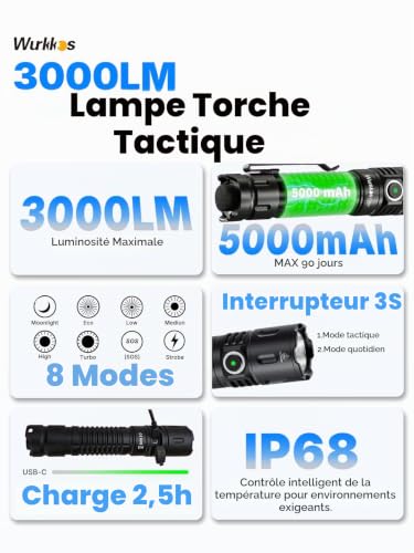 Wurkkos TD04 Tactique Led lampe de poche Rechargeable 5000mAh power, lampe tactique,lampe torche,3000 lumens,Led lampe de poche avec interrupteur tactique noir, IPX8,lampe torche puissante – vue 2