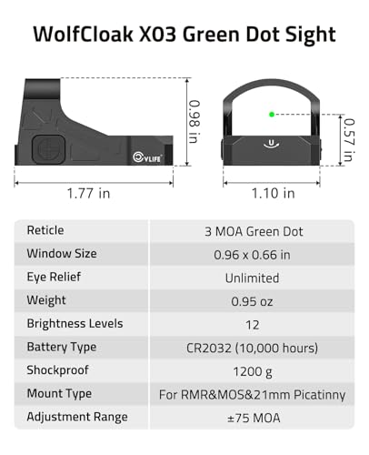 CVLIFE WolfCloak X03 Motion Awake Green Dot Sight for RMR Footprint, 3 MOA Reflex Sight with 0.33" Ultra-Low Profile & 24mm Lens for Full-Sized Pistols, Optics Adapter for MOS & 21mm Picatinny Base - image 6