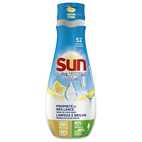Sun Gel Lave-Vaisselle Tout-En-1 Citron Double Action x52, Propreté et Brillance Cristal, efficace en cycle court x52 lavages (900ml)