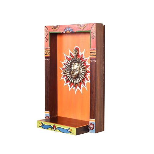 Image of AAKRITI ART CREATIONS Divya Wall Decor Orange Frame with Brass Sculpture of Surya Dev | Dhokra Art, Matte Finish | Wooden & Dhokra Wall Shelf Decor for Home
