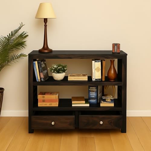 Image of Solid Sheesham Wood Bookshelf Console Table for Living Room | Wooden Book Shelf with 2 Drawers & Storage Shelves | Entryway /Foyer Table for Home (Walnut Finish)