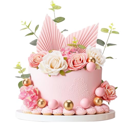 Pink Cake Decorations, Artificial Rose Cake Decorations, Gold Pink Balls Cake Toppers Paper Palm Fan Cake Toppers for Birthday Party Wedding Bridal Engagement Baby Shower