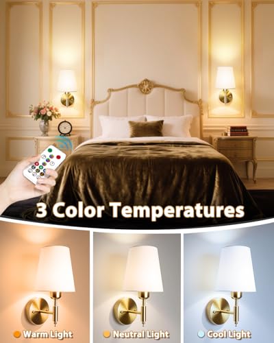 Image of Adetu Battery Operated Wall Sconces Set of 2, Gold Rechargeable Wall Lights