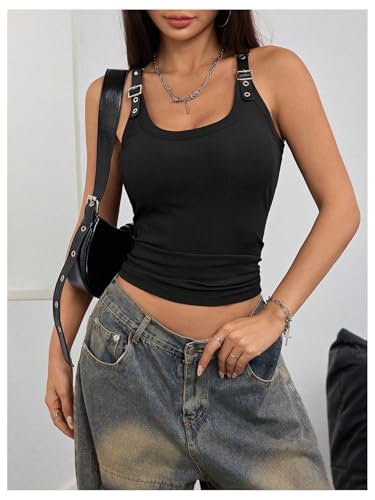 MakeMeChic Women's Scoop Neck Tank Buckle Knit Sleeveless Going Out Tops Clubwear4