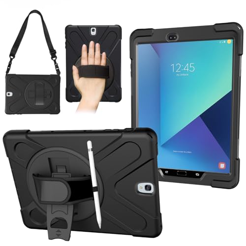AOOCSHEY for Samsung Galaxy Tab S3 Case 9.7 inch 2017 SM-T820 T825 T827, Heavy Duty Full Body Shockproof Rugged Drop Protective Cover with 360° Rotating Stand Hand Strap Carrying Shoulder Strap, Black