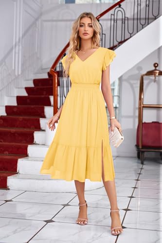 GRACE KARIN 2026 Womens Summer Dresses V Neck Ruffle Sleeve Floral Boho Beach A-Line Dress Light Yellow-Plain X-Large — view 2