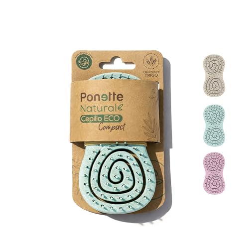 PONETTE NATURAL   Cepillo de Pelo de Viaje ECO Compact Ecológico Desenredante Antitirones Color Verde, Cepillo Masajeador, Fabricado con Fibra Natural de Trigo, 100% Reciclable, Marca Española