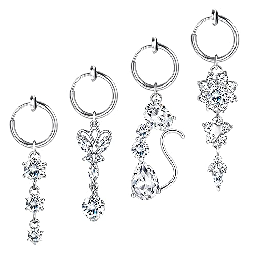 FIBO STEEL 4Pcs Clip On Belly Button Rings Surgical Steel Fake Belly Ring Non Piercing Navel Rings Dangle Fake Belly Button Piercing Jewelry Silver Tone