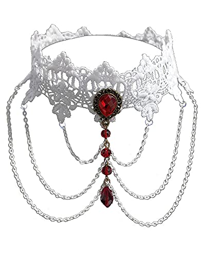 JapanAttitude Ras de Cou en Dentelle Broderie et Chaines Blanches et Perles Rouge élégant Cover