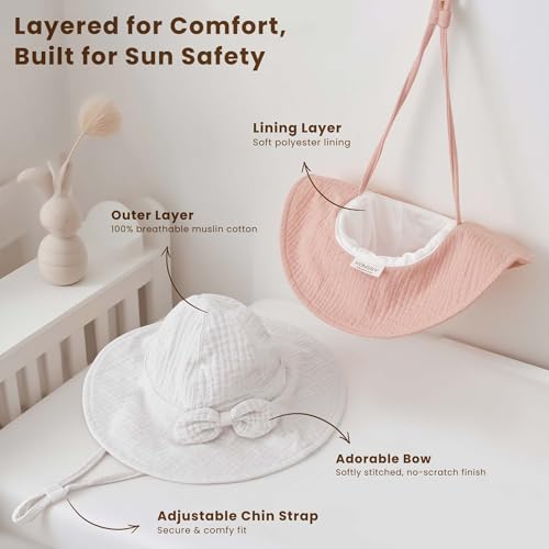 Konssy Muslin Baby Sun Hat, UPF 50+ Sun Protection Wide Brim Summer Beach Hat with Chin Strap, Breathable Bucket Hat3