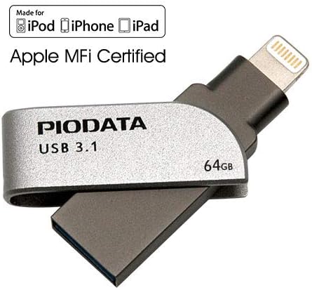 Piodata iXflash 64GB USB 3.0 Flash Drive Memory Stick Apple MFi Certified Lightning Connector for Apple iPhone & iPads iOS, External Expandable Memory Storage, Grey