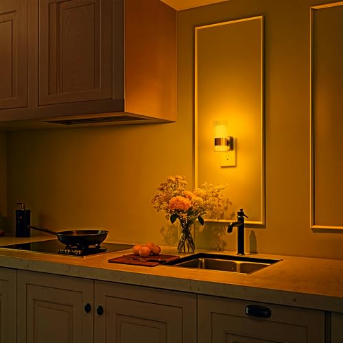 Image of Briignite LED Amber Night Light Night, Lights Plug into Wall, Dusk to Dawn | Auto Light Sensor, 0-100LM Adjustable Brightness, Wall Sconce Style Design for Bedroom Hallway, 2 Pack