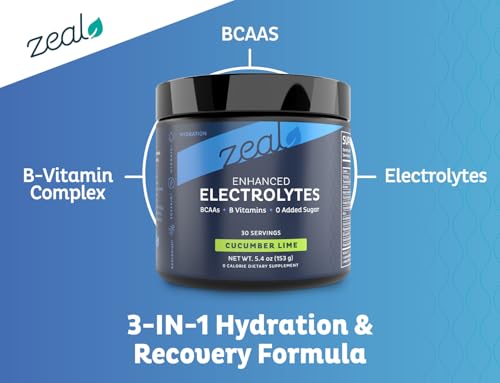 Image of Zeal Electrolyte Powder - 30 Servings | Keto Electrolytes Powder | Zero Sugar, BCAAs, B-Vitamins | Potassium, Zinc, Magnesium | Hydration Powder Recovery Drink | Cucumber Lime