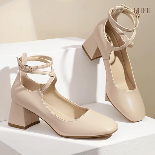 IDIFU IN2 Mary Jane Shoes Strappy Low Chunky Block Closed Toe Heels Dress Shoes for Women Wedding Bridal Work Office Business Prom Shoes Comfortable Dressy Formal Vintage Short Square Toe Heels Pumps4