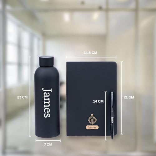 Image of Personalized Name & Charm On Diary Pen & Bottle 3pcs Combo Gift Set for Men & Women Customized Corporate Office Farewell Birthday Gift for Employees Corporate Gift for Clients, Combo Gift Set For Family and Friends (Black)