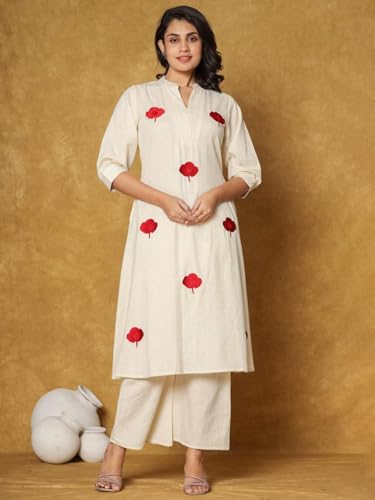 Image of INDO ERA Women's's Pure Cotton Embroidered Kurta Women | Floral Neck & Hem Embroidery | Cotton Kurta Women |