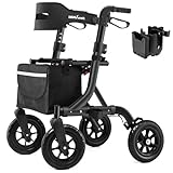 MAXWALK Rollator Faltbar und Leicht mit Sitz, 25cm Gummi-Nonluftbereifung für Allen Gelände,Integrierte Seilzugbremsung,Getränkehalter,Höhenverstellbare Aluminium Rollatoren