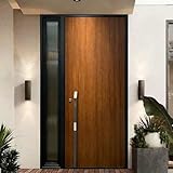 Moderne Aluminium-Haustür mit Holzmaserung, moderne Eingangstür mit Seitenwand, schwarzer Rahmen, Außentür mit Griff