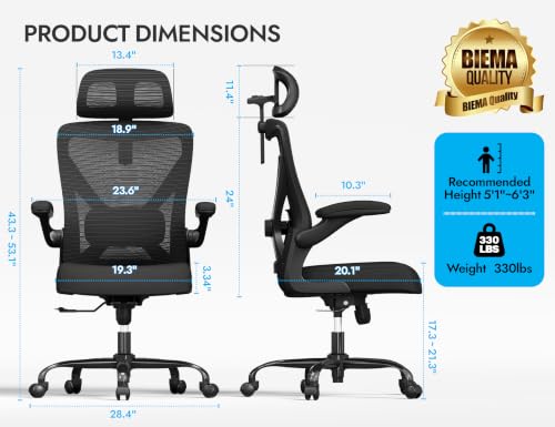 Image of Black Ergonomic Office Chair - Mesh Desk Chair with Adjustable Lumbar Support High Back Computer Gaming Chairs - Big and Tall Office Chairs Adults, Comfortable for Long Hours
