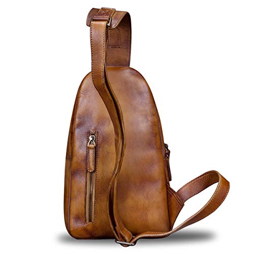 Genuine Leather Sling Bag Chest Shoulder Hiking Backpack Vintage Handmade Crossbody Daypack (Brown) #TOP2