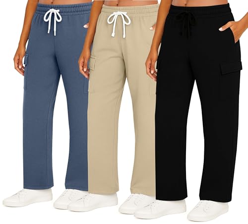 Real Essentials 3 Pack: Women's Fleece Cargo Sweatpants, Open Bottom Lounge & Athletic Casual Pants with Pockets