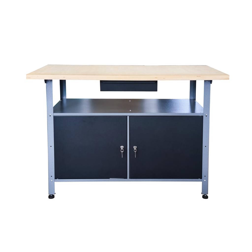 Werkbank aus Metall mit 30 mm Sperrholzplatte, verschließbaren Türen und Schublade, Maße (BxTxH): 120 x 85 x 60 cm