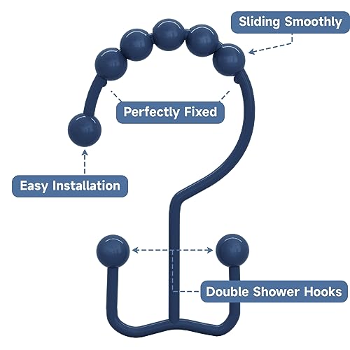 Image of Titanker Shower Curtain Hooks Rings, Rust-Resistant Metal Double Glide Shower Hooks for Bathroom Shower Rods Curtains, Set of 12 Hooks - Navy Blue